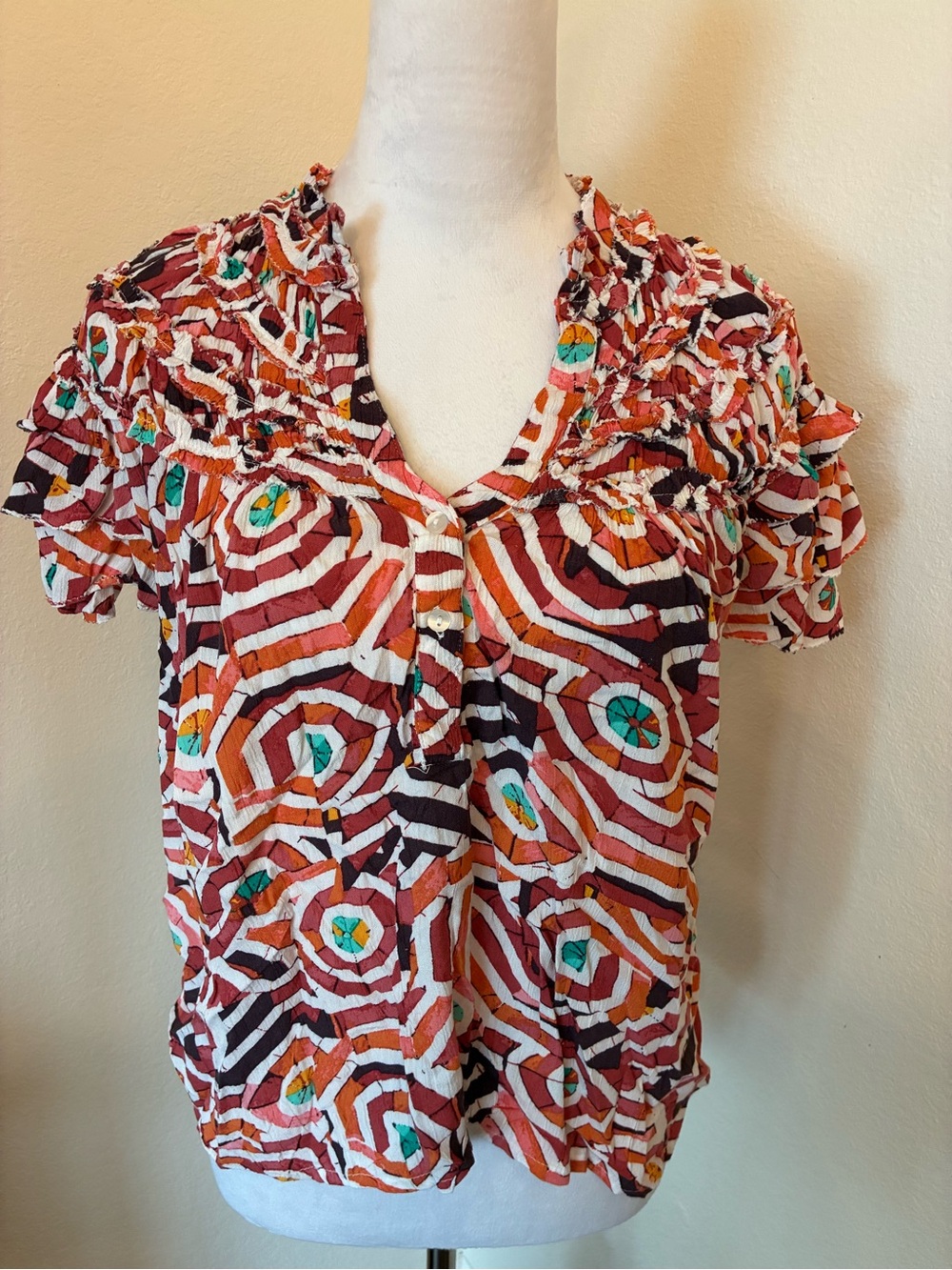 Maeve by Anthropologie Short Sleeve Ruffle Yoke Blouse